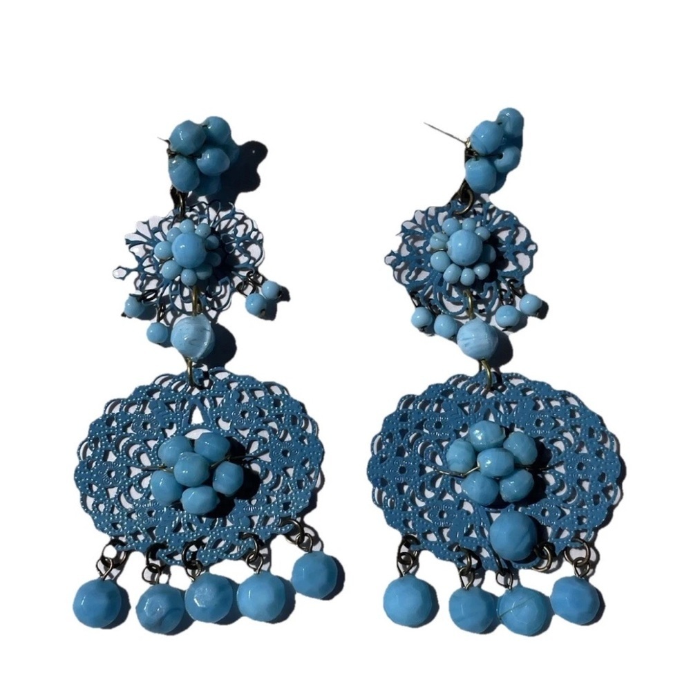 VTG Bohemian Turquoise Beaded Dangle 3” Chandelier Tiered Earrings Tropical